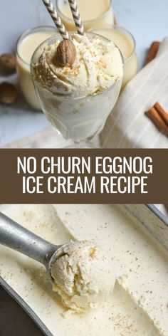 No churn eggnog ice cream is a delicious frozen treat that features the best flavor of the season. Full of real eggnog, warming spices, and a shot of liquor, this ice cream is a must make this holiday season. #icecream #recipe #homemade No Churn Eggnog Ice Cream, Egg Nog Ice Cream Recipe, Eggnog Ice Cream Recipe, Egg Nog Ice Cream, Cookbook Inspiration, Eggnog Ice Cream, Eggnog Recipes, Homemade Eggnog