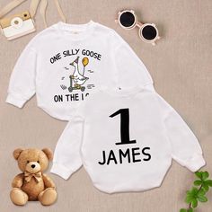 One Silly Goose On The Loose Baby Romper Sweatshirt, Funny Goose Baby Romper, Custom Silly Goose Baby Bodysuit, First Birthday Romper - Handmade - Ships from USA - Materials: 100% CPSIA Compliant and Ethically Made material Light fabric (5.0 oz/yd² (170 g/m Crafted with soft, breathable fabric, this romper ensures your baby stays comfortable through playtimes and nap times alike. Featuring charming designs suitable for all babies, our romper is as adorable as it is practical. Quick Sizing Tip Ou Long Sleeve Tops With Cartoon Print For Birthday, Crew Neck Top With Cartoon Print For First Birthday, White Long Sleeve Tops For First Birthday, Silly Goose First Birthday, One Silly Goose First Birthday, One Silly Goose Birthday, Birthday Romper, Funny Goose, Nap Times