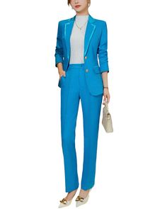 Bossy Chic 2Pc Blazer & Pant Set1 Blue Office Sets With Pockets, Fitted Blue Sets With Pockets, Casual Blue Suit For Work, Casual Blue Suits For Work, Light Blue Fitted Sets, Tailored Blue Sets For Spring, Fitted Blue Workwear Sets, Tailored Blue Office Sets, Blue Fitted Workwear Sets