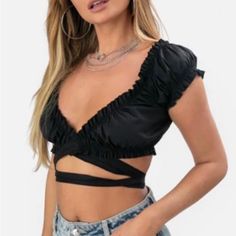 Fails Black Tie Top. Nwt Flirty Black Cropped Top, Flirty Black Crop Top, Flirty Black Crop Top For Spring, Chic Black Short Sleeve Crop Top, Black Crop Top For Spring Night Out, Flirty Black Crop Top For Party, Black Crop Top For Spring Party, Black Crop Top For Summer Date Night, Black Crop Top For Date Night In Summer