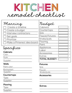 the printable kitchen remodel checklist is shown in black and white with colorful lettering