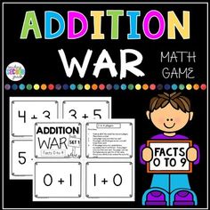 Addition Facts Game Facts 0 to 9 - Want to add a little fun into learning and memorizing math facts, then this WAR game is just what your kiddos need. Really like the war games?  Take a look at this bundle of 20 games for a special low price.  WAR MATH GAMES BUNDLE SET 1This game can be played with 2 to 4 players.Directions:1.  Deal out all of the cards face down to players.  Place them in a stack.2.  Each player turns over their top card.3.  The player with the largest answer wins and keeps tho Addition Facts Games, Doubles Plus 1, Number Facts, Sped Math, Doubles Facts, Eureka Math, Math Fact Fluency, Teaching Second Grade, Addition Facts