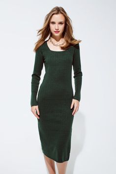 Q2 Midi Green Ribbed Knit Dress Ribbed Midi Dress, Ribbed Knit Dress, Denim Shirt Dress, Side Splits, Ruffled Sleeves, Knit Midi Dress, Knit Tanks, Flare Skirt, Square Neckline