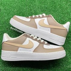 Brown, taupe & beige colorway painted on all white Air Force 1's. Painted with water resistant and non cracking leather paint. **All sales are final** All White Air Forces, White Air Force 1, White Air Forces, Painted Sneakers, Air Force 1s, Air Force 1 Custom, Beige Plaid, Custom Air Force 1, Leather Paint