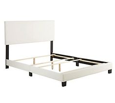 a white bed frame with black legs and headboard on the bottom side, in front of a white background