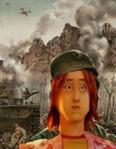 a painting of a woman with red hair wearing a green hat and tank in the background