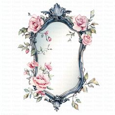 an ornate frame with pink roses and leaves painted on the front, in watercolor