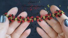 two hands holding beaded bracelets with red and yellow beads