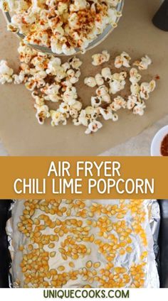 an air fryer filled with chili lime popcorn