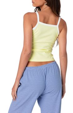 Stretch-enhanced cotton jersey hugs your shape in a pastel cropped tank finished with a mini bow. Square neck 95% cotton, 5% spandex Machine wash, dry flat Imported Summer Cropped Tank Top For Loungewear, Cropped Tank Top For Summer Loungewear, Sporty Spring Cami Crop Top, Sporty Cami Crop Top For Spring, Sporty Cotton Crop Top Tank, Summer Tank Crop Top For Loungewear, Sporty Cotton Tank Top For Spring, Yellow Sporty Crop Top For Summer, Sporty Yellow Crop Top For Summer