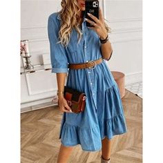 Season:Summer,Spring; Fabric:Denim; Sleeve Length:3/4 Length Sleeve; Look After Me:Machine wash,Hand wash; Gender:Women's; Style:Basic,Casual,Modern; Elasticity:Micro-elastic; Occasion:Date,Vacation; Fit Type:Regular Fit; Dresses Type:Denim Dress,Shirt Dress; Pattern:Plain; Design:Ruffle,Buttons,Pocket,Belted; Neckline:Shirt Collar; Front page:FF; Listing Date:06/03/2024; Production mode:External procurement; Bust:; Length:; Shoulder Width:; Fit US Size:; Fit UK Size:; Fit EU Size:; Dress Length Loose Long Sleeve Dress, Casual Denim Dress, Jumpsuit Denim, Midi Dress Outfit, Moda Denim, Strapless Dresses, Style Gothic, Camisa Jeans, Denim On Denim