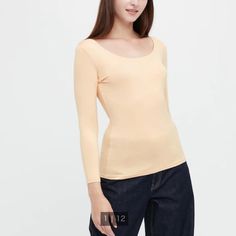 Brand New In Packaging Uniqlo Heattech Scoop Neck Long-Sleeve T-Shirt Size Xl Bust: 92-98 Cm Seamless Neckline Fabric Details 38% Polyester, 30% Acrylic, 20% Rayon, 12% Spandex Imported Washing Instructions Machine Wash Cold, Gentle Cycle, Do Not Dry Clean Spring Uniqlo Fitted Tops, Fitted Uniqlo Casual Tops, Fitted Casual Uniqlo Tops, Casual Solid Color Tops By Uniqlo, Uniqlo Heattech, Couture Invisible, Cream T Shirt, Leg Of Mutton Sleeve, Uniqlo Tops