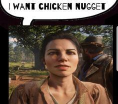 an image of a woman with a thought bubble above her head that says, i want chicken nugget