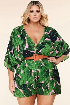 Forest print Romper features a Plunging neckline and surplice bodice, framed by wide, half sleeves. An open back with tying top strap , Elasticized back waist with relaxed shorts. Elasticized back waist Slip on style Self : 100% Polyester Lining : 100 % Polyester Tropical Romper, Plus Zise, Print Chiffon Maxi Dress, Godet Skirt, Fiesta Tropical, Forest Print, Plus Size Romper, Cutout Maxi Dress, Plus Size Clothes