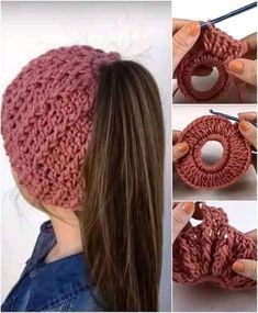 the crocheted ponytail is being worked on by a woman with long brown hair