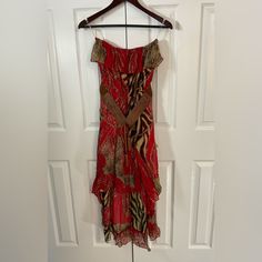 Women’s Large Sleeveless Summer Dress Elastic Waist And Chest Red And Leopard Print Lined Rayon With A Very Giving Nylon Lining Front Skirt 19 Inches Back Of Skirt 36 Inches New With Tags No Flaws Smoke And Synthetic Fragrance Free Home Red Strapless Summer Maxi Dress, Fitted Red Strapless Dress For Beach, Red Strapless Sundress, Strapless Red Maxi Dress For Vacation, Red Sleeveless Midi Dress For Vacation, Red Sleeveless Bohemian Midi Dress, Red Bohemian Sleeveless Midi Dress, Red Bohemian Strapless Dress, Red Strapless Maxi Dress For Summer