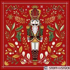 a red and gold christmas card with an image of a nutcracker