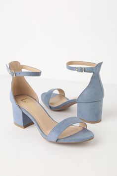 Chic Blue Sandals - Single Sole Heels - Block Heel Sandals Dusty Blue Shoes, Lulus Shoes, Low Wedge Heels, Everyday Heels, Everyday Shoe, Single Sole Heels, Shoe Heels, Blue Wedding Shoes, Blue Suede Shoes