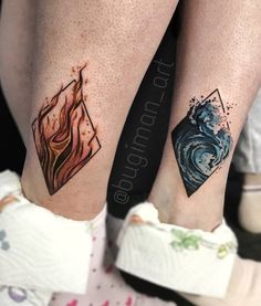 two people with matching tattoos on their legs