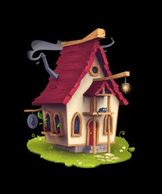 a cartoon house with a red roof and two cats on it's roof, next to a black background