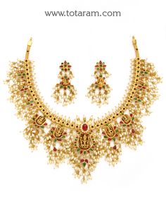 22K Gold 'Lakshmi' Guttapusalu Necklace Set For Women With Cz,Pearls & Beads (Gutta Pusalu)
   - 235-GS3016 - in 108.700 Grams for USD $8268.39. 
Made in India by Totaram Jewelers Online this product is in Gold - 22 Karat BIS Hallmark 916 KDM Gold  & is an excellent gift for Adult - Women. Ships fully insured with secured guaranteed delivery for free with your order over $250 from New Jersey USA & comes with 30 days exchange policy. Guttapusalu Necklace, 22 Karat Gold Jewelry, Indian Gold Jewellery Design, Indian Gold Jewelry, 22 Carat Gold Jewellery, Gutta Pusalu, 22k Gold Necklace, Temple Jewelry Necklace, Gold Temple Jewellery