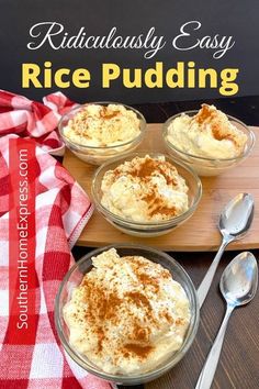 rice pudding in small glass bowls on a cutting board with red and white checkered table cloth