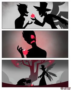 three different animation scenes with one man holding an apple and the other woman eating an apple