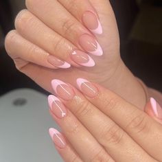 Pink Tipped Almond Nails, Birthday Nails Pink French Tip, French Tip Nails With Small Design, Almond Nails Colored French Tip, White With Pink French Tip, Small Pink French Tip Nails, Light Pink Nails With French Tip, French Tip Nails Lavender, Pink French Tip Nails Oval