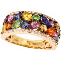 14K Yellow Gold 2.99 Carat Multicolor Sapphire and Diamond Accent Ring by EFFY Luxury Multicolor Sapphire Ring With Center Stone, Luxury Multi-stone Gold Sapphire Ring, Diamond Accent Ring, Wedding Anniversary Rings, Unique Beauty, Estate Jewelry, Anniversary Rings, Soft Pink, Wedding Anniversary