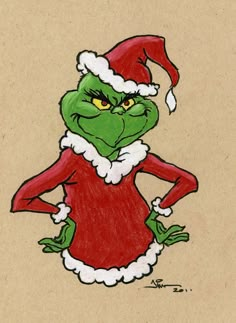 a drawing of the grin face wearing a santa hat and holding his hands on his hips