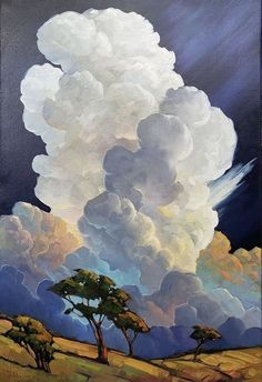 a painting of clouds and trees in the sky