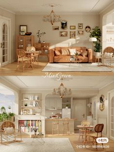 two pictures of the same living room and dining room in different stages of being furnished