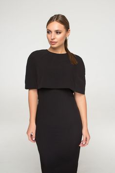 This dress captivates with its classic elegance. Under the cape is a simple and sleeve less pencil dress that you can wear also without the cape. The pencil dress has a round neckline and a short V- neckline at the back. The darts form a slim figure and increase the wearing comfort. This elegant dress will dress you perfectly for many different occasions. Wear this knee- length dress without the cape, so it`s a simple basic dress, to which a denim jacket or a leather jacket looks great. You can Elegant Mini Dress With Cape Sleeves For Party, Formal Mini Dress With Cape Sleeves, Elegant Fitted Cape Dress, Chic Fitted Mini Dress With Cape Sleeves, Formal Fitted Cape Dress, Black Cape Dress, Leather Jacket Looks, Meghan Style, Ruffle Summer Dress