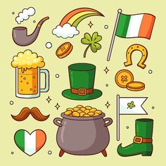 st patrick's day clipart set with shamrocks, irish flags and pot of gold coins