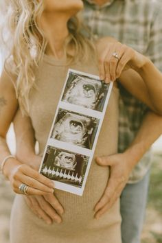 a man and woman are holding an image of two monkeys in their stomach while they look into each other's eyes