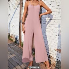 *** Brand New Never Worn *** Solid Wide Leg Cami Jumpsuit Bought On Amazon For $27.99. (See Last Pic) Very Nice Jumpsuit. Comfy & Breathable. Great For Any Occasion. Lightweight And Semi- Sheer. Could Be Dressed Up Or Down. High Quality And Stylish. Size: L *Size: L Ships Same Day. Other Sizes Available But Will Not Ship For 7-10 Days. Please Message Me If You Need A Different Size.* Color: Dusty Pink Pattern Type: Plain Details: Backless Neckline: Spaghetti Strap Length: Long Sleeve Length: Sle Summer Fitted Plain Jumpsuits And Rompers, Fitted Plain Summer Jumpsuits And Rompers, Jumpsuit Comfy, Nice Jumpsuits, Jumpsuit Pink, Jumpsuit Pants, Cami Jumpsuit, Pink Jumpsuit, Pink Pattern