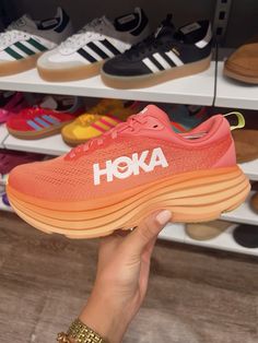 Bondi 8 shoes in color coral/papaya Running Vision Board, 21st Birthday Wishlist, Hoka Sneakers, Running Fits, Runner Aesthetic, Workout Outfit Ideas, Hoka Running, Hoka Bondi 8