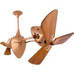 a gold ceiling fan with wooden blades and two wood blades on the blades, one is turned upside down