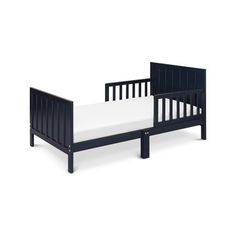 a black toddler bed with a white mattress on the bottom and side rails, in front of a white background