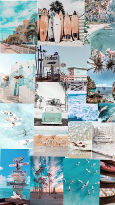 a collage of photos with surfboards and buildings