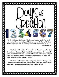 a poster with the words days of creation in black and white text, on a white background