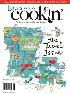 the cover of louisiana cook'n magazine, featuring illustrated images of people and places