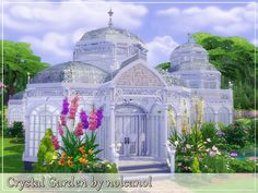 an image of a garden with flowers and a gazebo in the background that says crystal garden by volcano