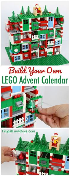 a lego christmas house with the words build your own lego advent calendar on top and below