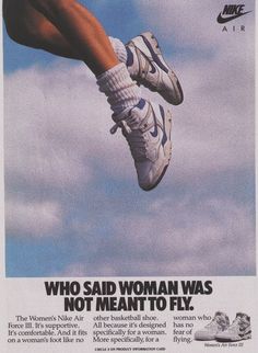 an advertisement for nike shoes featuring a woman flying through the air