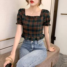 Puff Sleeve Plaid Square Neck Blouse – Tomscloth Square Neck Blouse, Outfits 2022, Puff Sleeve Blouse, Trends 2022, Crop Blouse, Outfits Fashion, Casual Style Outfits, Aesthetic Outfits, Fashion Tops