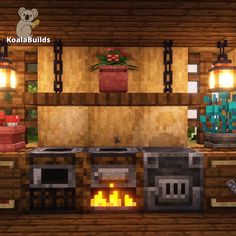 a kitchen with a stove top oven sitting next to a fire place in the middle of it