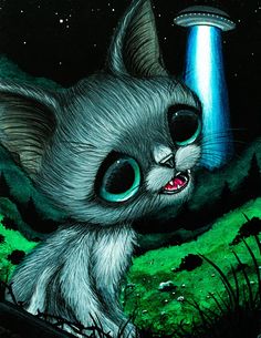 a painting of a cat with an alien spaceship in the background