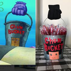 a bucket filled with candy next to an image of a cartoon character in a hat