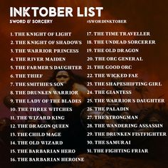 a poster with the names and dates for inktober list